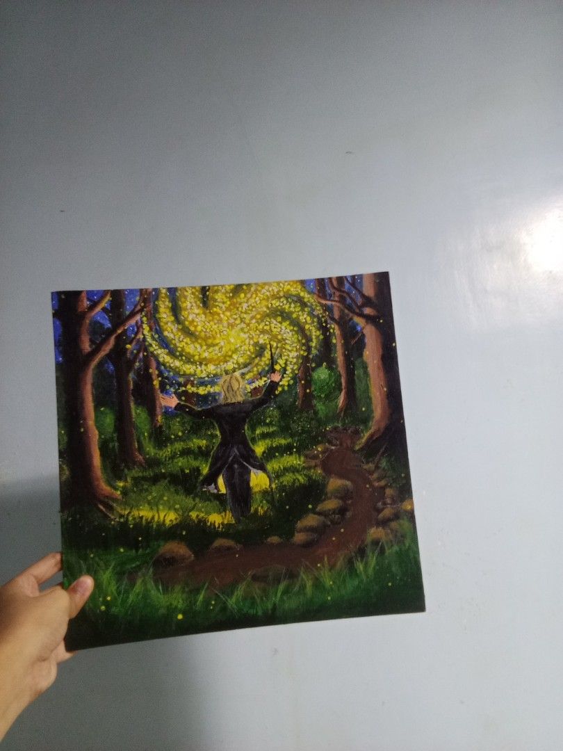 Handmade forest magic canvas painting (Category: Wall Decor) located in Manila. Submitted by mwart.s (Listing ID 1466873638, Image 2). Description: - Original hand-painted acrylic artwork on canvas by a local artist - Features a figure in a dark coat casting a bright yellow magic swirl in a lush green forest - Square format, unframed canvas piece - Great statement piece for room decor or for fantasy art collectors - pick up available or shipped v