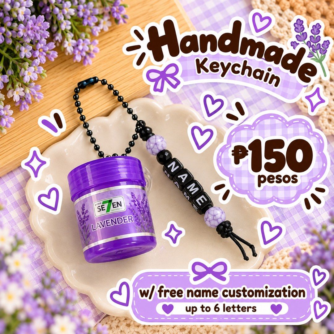 Handmade Keychain with Free Name Customization (Category: Handmade Craft) located in Iloilo. Submitted by andreaaudine.j (Listing ID 1466969380, Image 2). Description: - Handmade mini inhaler container keychain - Free name customization up to 6 letters (black letter beads) - Beautiful marbled bead accents with a black ball chain attachment - Available in 2 relaxing scents: Green (Aroma Herb) or Purple (Lavender) - Affordable price at only 150 PHP