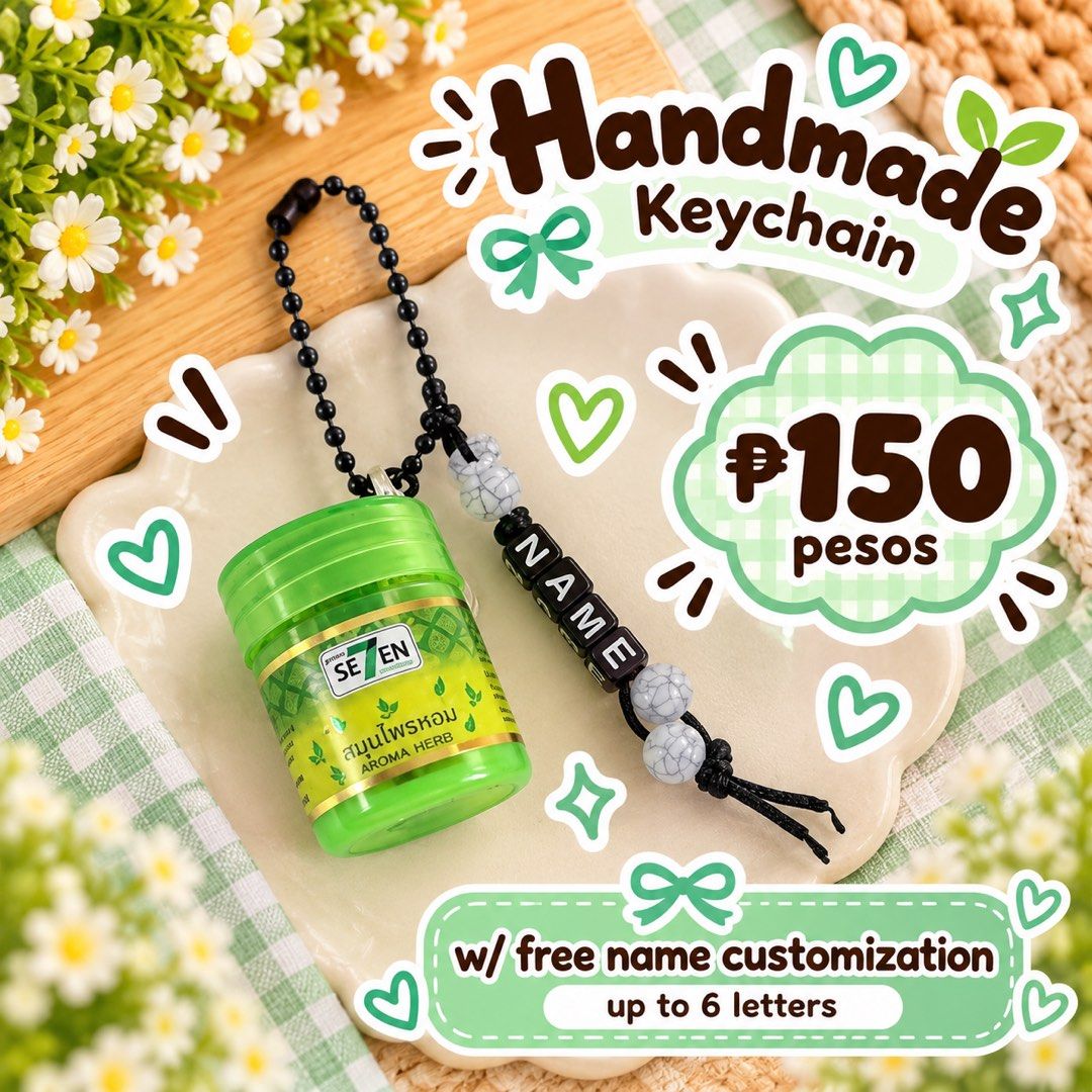 Handmade Keychain with Free Name Customization (Category: Handmade Craft) located in Iloilo. Submitted by andreaaudine.j (Listing ID 1466969380, Image 1). Description: - Handmade mini inhaler container keychain - Free name customization up to 6 letters (black letter beads) - Beautiful marbled bead accents with a black ball chain attachment - Available in 2 relaxing scents: Green (Aroma Herb) or Purple (Lavender) - Affordable price at only 150 PHP