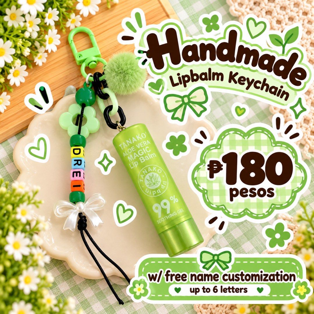 Handmade Lipbalm Keychain with Free Name Customization (Category: Handmade Craft) located in Iloilo. Submitted by andreaaudine.j (Listing ID 1466969431, Image 1). Description: - Handmade cute lip balm keychain available in green, pink, yellow, and orange - Includes a functional lip balm and a stylish beaded strap - FREE name customization up to 6 letters - Handy and easy to clip on bags, pouches, or keys - Price: 180 pesos per piece.