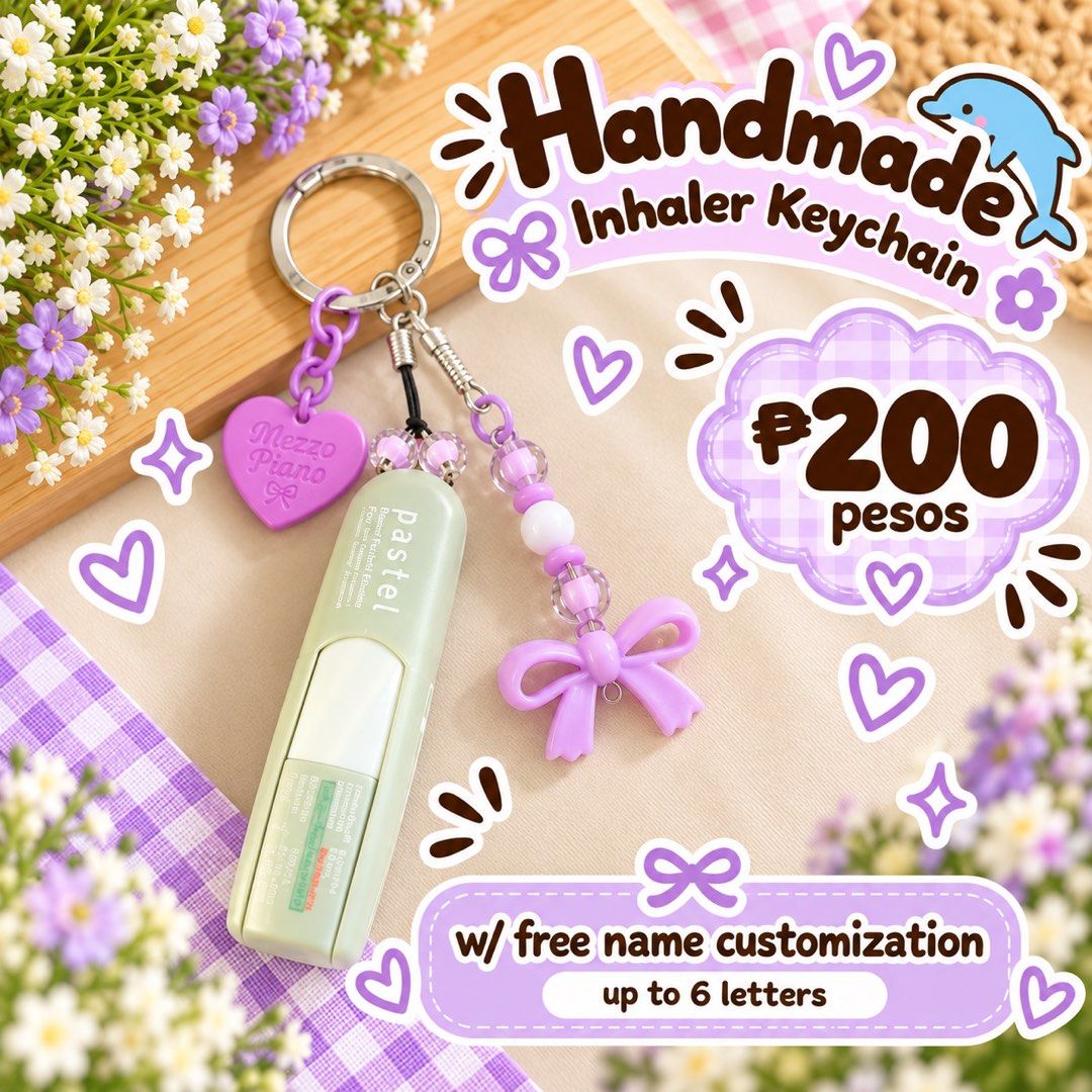 Handmade Pastel Inhaler Keychain with Free Name Customization (Category: Handmade Craft) located in Iloilo. Submitted by andreaaudine.j (Listing ID 1466969341, Image 1). Description: Handmade inhaler keychain in pastel colors. Includes beads, charms like bows, hearts, or bells, and a holder for a Pastel brand inhaler. Free name customization up to 6 letters. Priced at 200 pesos each. Great way to accessorize and keep your inhaler handy..