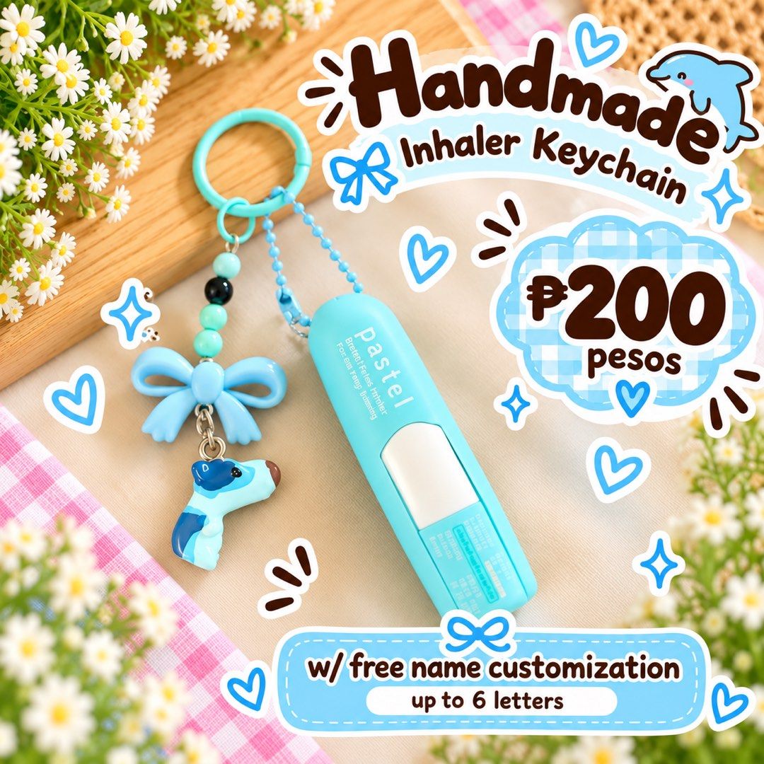 Handmade Pastel Inhaler Keychain with Free Name Customization (Category: Handmade Craft) located in Iloilo. Submitted by andreaaudine.j (Listing ID 1466969341, Image 3). Description: Handmade inhaler keychain in pastel colors. Includes beads, charms like bows, hearts, or bells, and a holder for a Pastel brand inhaler. Free name customization up to 6 letters. Priced at 200 pesos each. Great way to accessorize and keep your inhaler handy..