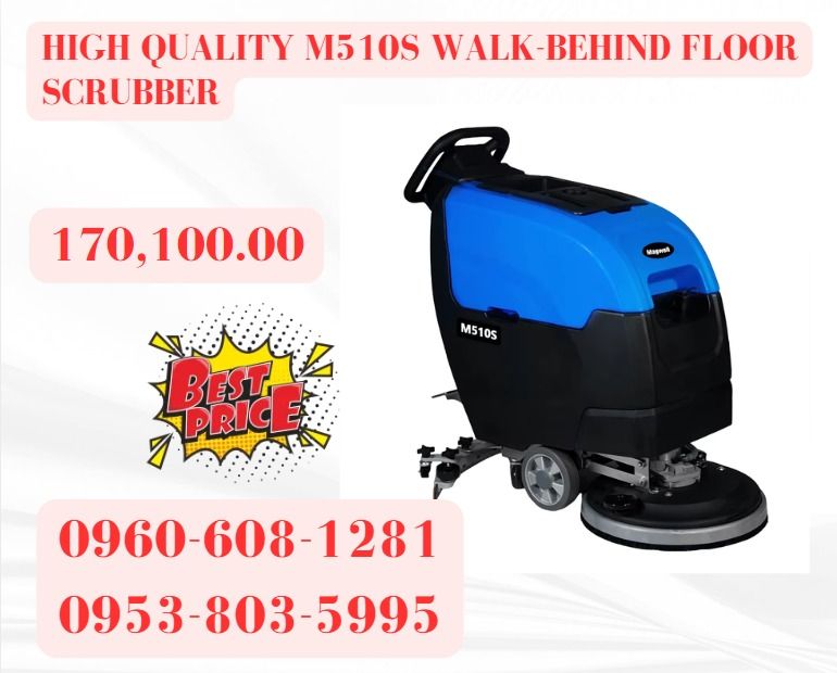 HIGH QUALITY M510S WALK-BEHIND FLOOR SCRUBBER (Category: Home Improvement Tools & Accessories) located in Caloocan City. Submitted by boldhawk_09f8ee (Listing ID 1466837133, Image 1). Description: ●Working width: 510mm ●Squeegee width: 850mm ●Cleaning efficiency: 2600m²/h ●Max. Forward Speed: 4.5km/h ●Brush Pressure:40kg ●Brush RPM: 175rpm ●Solution tank: 50L ●Recovery tank: 55L ●Brush motor power: 550w ●Suction motor power: 550w ●Traction motor 