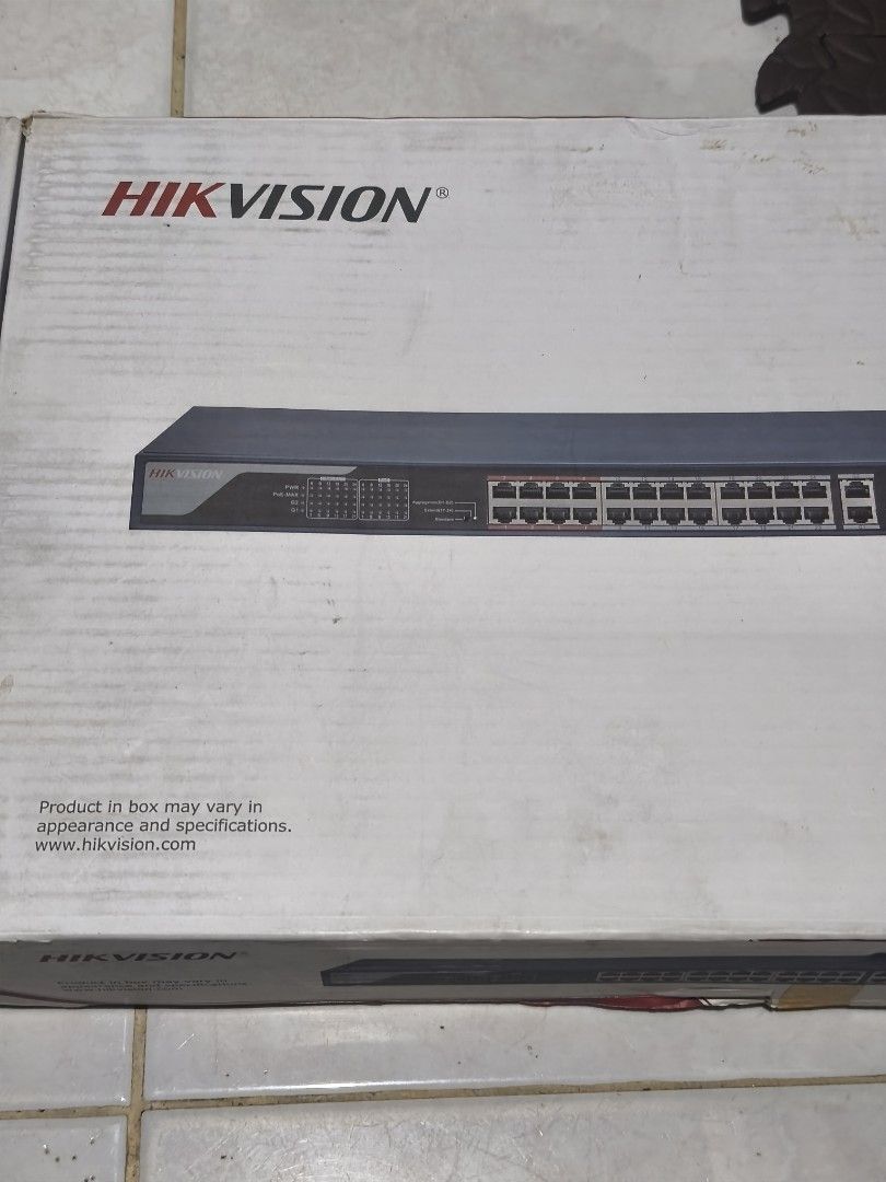 Hikvision (Category: Networking) located in Manila. Submitted by markrbc (Listing ID 1466930673, Image 1). Description: - Brand: Hikvision Network Switch - Capacity: Up to 24 Ethernet ports with PoE support - Modes: Standard mode and Extend mode - Build: Heavy-duty metal housing with front status indicator lights - Condition: Tested and powers on normally - Inclusions: Original box, power cable, and quick start guide manual.
