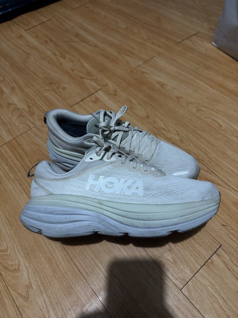 Hoka Bondi 8 Men US 9 (Wide) (Category: Sneakers) located in Muntinlupa City. Submitted by mattjrml (Listing ID 1466903868, Image 2). Description: Hoka Bondi 8 Wide in oatmeal cream. Men's US size 9, UK 8.5, EU 42 2/3. Maximum cushion running shoes. Extremely plush midsole and breathable mesh upper. Original box included. .