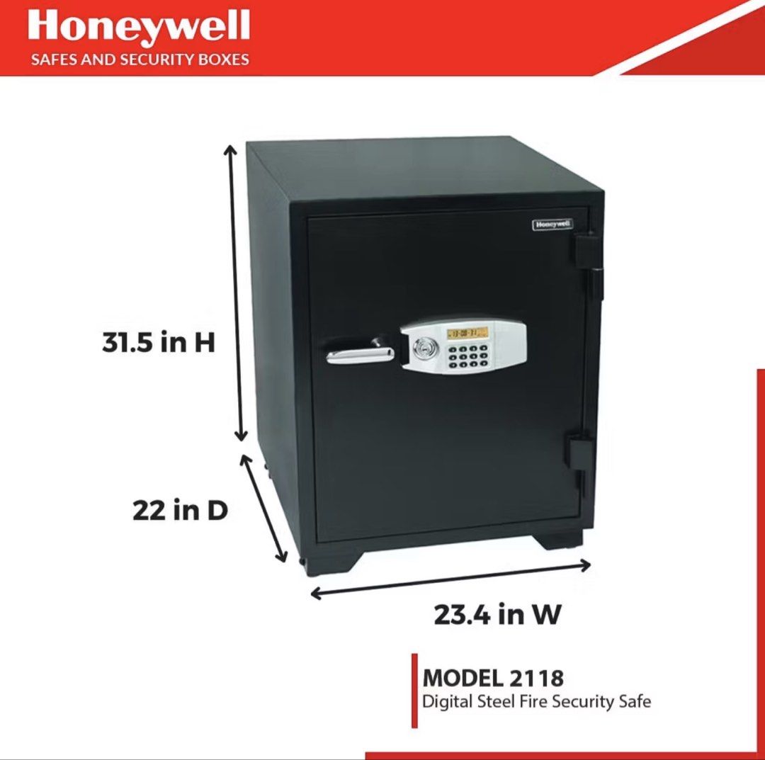 Honeywell Model 2118 Digital Steel Fire & Security Safe (Category: Safe) located in Cavite. Submitted by trueluxury_boutique (Listing ID 1466777438, Image 3). Description: - Model: Honeywell Model 2118 Digital Steel Fire and Security Safe - Color: Black - Build: Heavy-duty, UL certified - Access: Digital keypad and backup key lock - Protection: 2-hour fire protection and water-resistant design - Security Feature: Built-in motion alarm triggered b