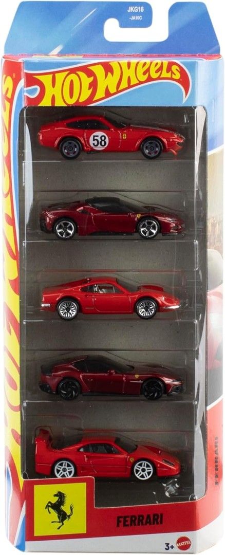 Hot Wheels Ferrari 5-Car Pack Diecast Set (Category: Vehicle & Diecast Models) located in Caloocan City. Submitted by toystv (Listing ID 1466831177, Image 3). Description: Hot Wheels Ferrari 5-pack special edition diecast set. Includes Dino 206 GT, SF90 Stradale, 365 GTB4 C, 12Cilindri, and F40 Competizione. Vibrant red finishes across all models with authentic racing details, badges, and wheels. Unopened packaging in pristine display condition. 