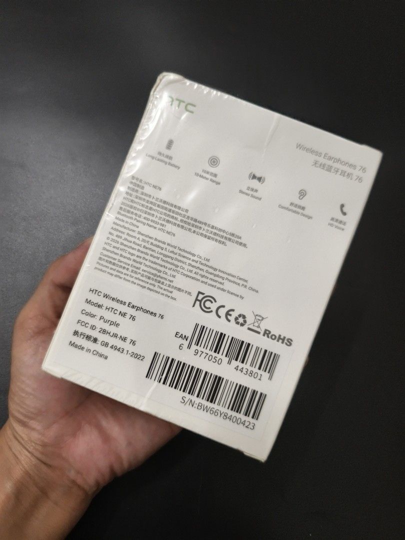 HTC Wireless Earphones 76 NE76 Purple (Category: Headphones & Headsets) located in Angeles City. Submitted by measaliman02351 (Listing ID 1466856067, Image 3). Description: - Brand: HTC - Model / Bluetooth Name: HTC NE76 - Color: Purple - Condition: Brand new, unopened, and still sealed in plastic wrapper - Sound Quality: Crisp stereo sound & HD voice for clear calls - Connectivity: Reliable 10-meter Bluetooth range - Battery: Long-lasting batter