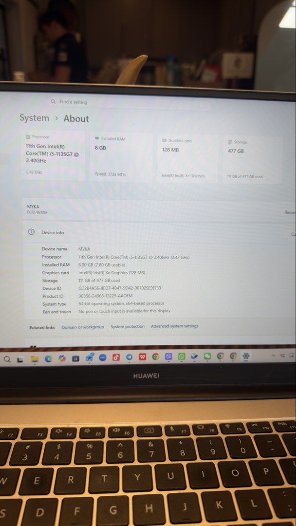 Huawei MateBookD14 Intel Core i5 Laptop (Category: Laptops & Notebooks) located in Paranaque City. Submitted by mykapoynton (Listing ID 1466868093, Image 3). Description: - Brand: Huawei Laptop - Processor: Intel Core i5 - Color: Elegant Silver - Keyboard: QWERTY layout with a large, responsive trackpad - Display: Slim bezels with Huawei startup logo - Condition: Normal signs of handling on the chassis - Extras: Huawei Share sticker included - Pe