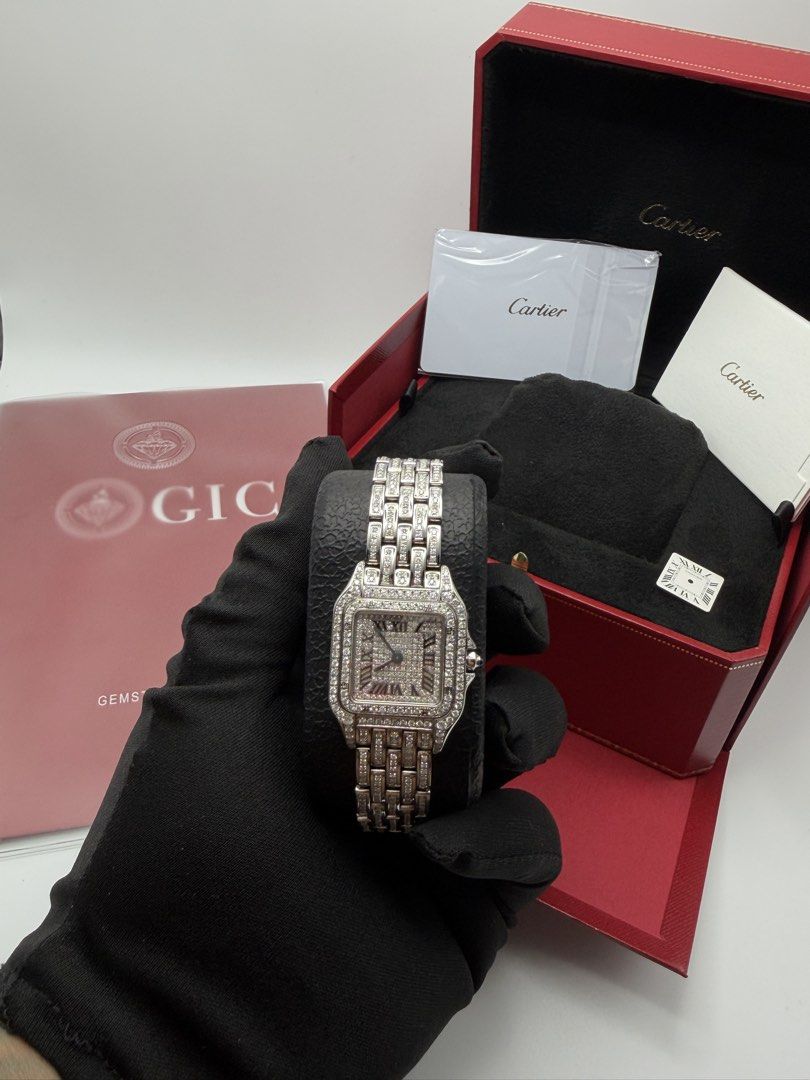 Iced Out Cartier Panthere Medium WSPN0007 (Category: Luxury Watches) located in Manila. Submitted by kevmarfil (Listing ID 1466951911, Image 1). Description: FOR SALE 💎 ICED-OUT CARTIER PANTHÈRE MEDIUM — STEEL WSPN0007 ✨ Natural Diamonds 😳 WITH DIAMOND DIAL and EXTRA DIAL 📜 Original GIC Lab Gem Certificate 📦 HK Setting Case & Bracelet ⚙️ Original Cartier Panthère Movement 📲 NFC / Cartier Care Card with QR 📖 Manuals Included 💰 ₱278,000 NEGO