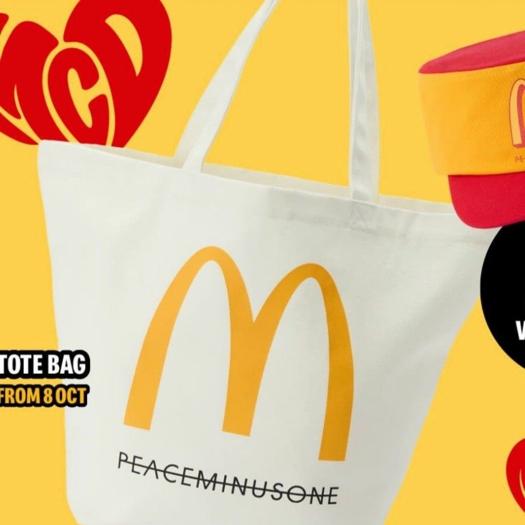 [ICONIC] McDonald's x PEACEMINUSONE Tote Bag (Category: Tote Bags) located in Singapore. Submitted by nofrillsfactoryoutlet (Listing ID 1466936076, Image 1). Description: 100% Authentic and Brand New in Packaging. ⭐Brand : MacDonald's X PEACEMINUSONE ⭐Type : Tote Bag ⭐Colour : Cream White ⭐Self-Collection : Kadaloor LRT / Punggol MRT ⭐Postage : SMARTPAC to letterbox ⚡ DIMENSIONS (Approx)⚡ - 52*36*43cm - Double Handle drop : 27cm ⚡KEY FEATURES⚡ - 