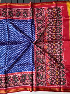 Red and Blue pure Ikkat Saree with Elephant and bird Motifs, Women's ...
