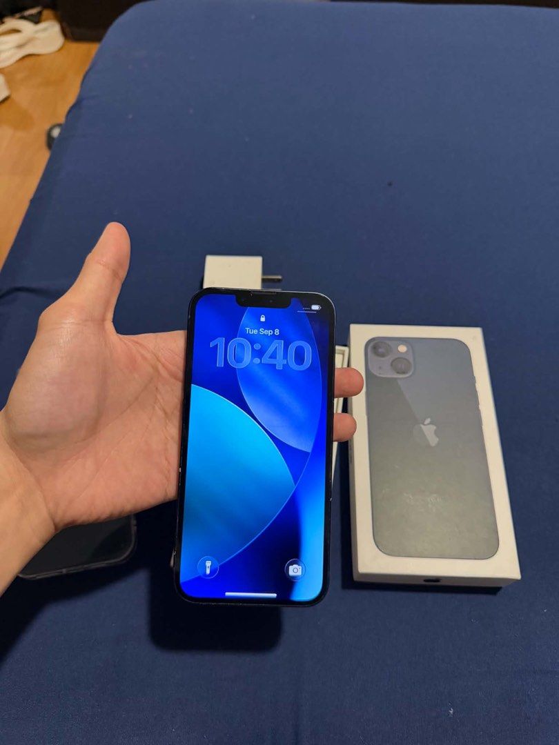 IPHONE 13 (Category: iPhone 13 Series) located in Manila. Submitted by stunna.shit (Listing ID 1466907875, Image 2). Description: iphone 13 midnight navy 128gb 74%bh no history of repair factory unlocked complete w box slight nego.
