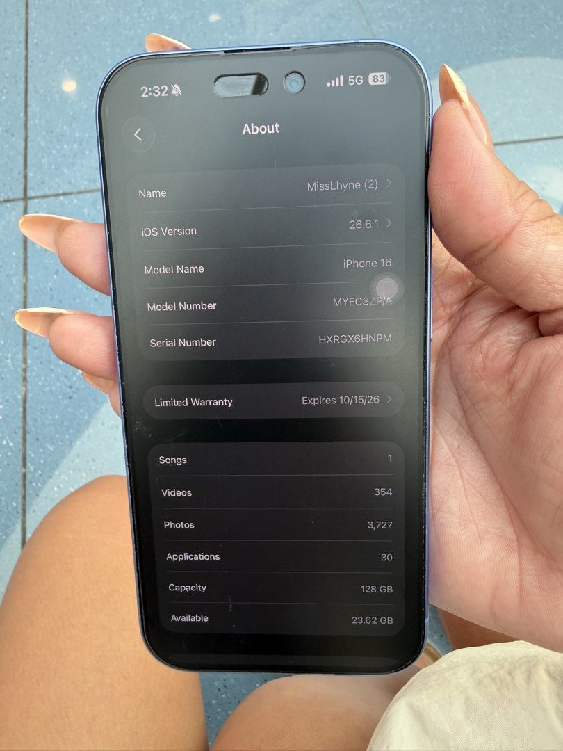 Iphone 16 128gb (Category: iPhone 16 Series) located in General Trias. Submitted by zenwhale.2a6c7c (Listing ID 1466968003, Image 2). Description: 91% battery health Open line Ntc approved No issue Loc: pasay Rfs: upgrading .