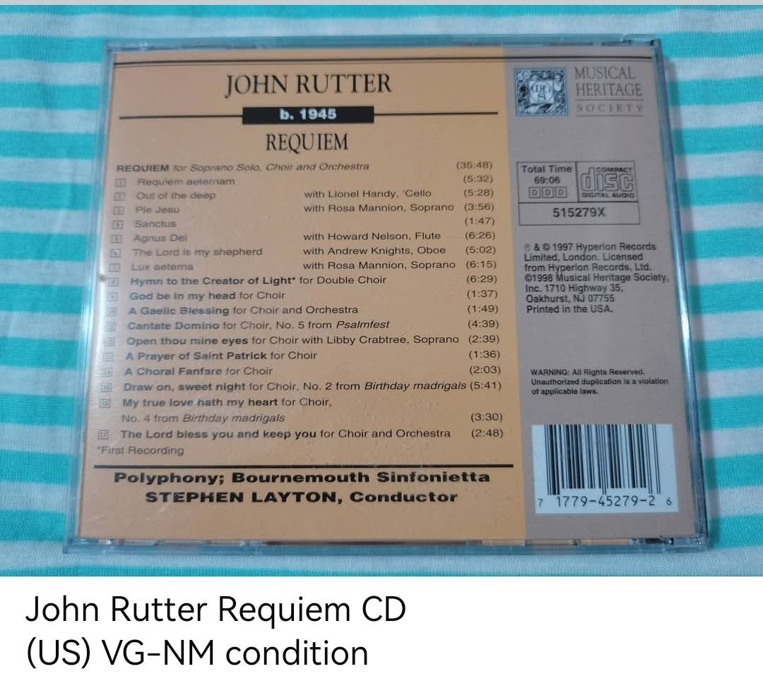 John Rutter Requiem CD (unsealed) (Category: CDs & DVDs) located in Dangcagan. Submitted by cd_haven5 (Listing ID 1466796879, Image 2). Description: #FORSALE #FORSALE #FORSALE #Authentic #Legit #Original We only sell original items. All items posted are on hand. Please message me for availability of the item/s because the items are also posted on my other online stores. All items are imported unless stated PH. We also accept Pre-orders. Payment M