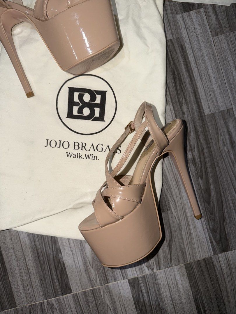 Jojo Bragais Rachel Heels (Category: Heels) located in Malabon City. Submitted by f.marie (Listing ID 1466925039, Image 3). Description: Jojo Bragais 6.5 inches Heels perfect for pageant Only used once for photoshoot Size 6 - Brand: Jojo Bragais (Model: Rachel) - Color/Material: Nude patent leather - Style: Stiletto heel with high platform and criss-cross straps - Closure: Adjustable ankle buckle - Condition: Worn once for a short event, super cl