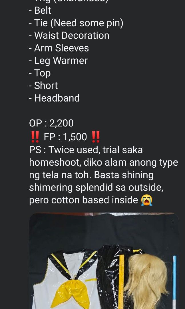 Kagamine Rin Cosplay (Category: Dresses) located in Manila. Submitted by d0lline (Listing ID 1466877143, Image 1). Description: MOP : Gcash MOD : Lalamove Meetups : Recto, UST, SM Manila/San Lazaro, Legarda Elementary School (On hand cash are acceptable).