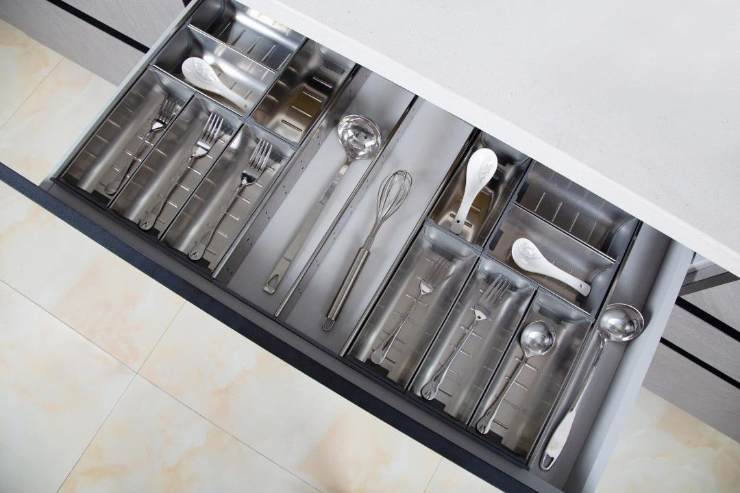 Kitchen Drawer Cutlery Tray Organizer Grey/Stainless (Category: Food Organization & Storage) located in Manila. Submitted by jamfrimzy089458 (Listing ID 1466794990, Image 2). Description: - Multi-compartment grey plastic & stainless cutlery tray for neat kitchen drawer organization - Keeps forks, spoons, knives, and various kitchen tools neatly separated - Sturdy and durable build designed for everyday use - Easy to wipe clean and maintain hygien