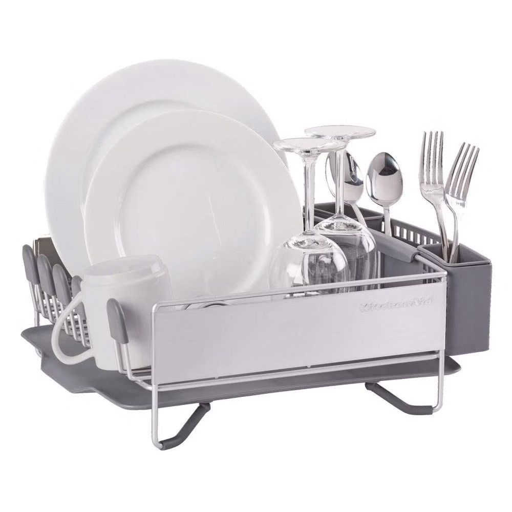KitchenAid Dish Drying Rack Silver Gray (Category: Food Organization & Storage) located in Manila. Submitted by rinalynfaye (Listing ID 1466905111, Image 2). Description: - Authentic KitchenAid dish drying rack in stylish silver and gray - Holds plates, bowls, cups, and wine glasses securely upright - Removable multi-compartment silverware caddy for easy organization - Built-in drainage board catches water runoff to keep counters dry - Durable me