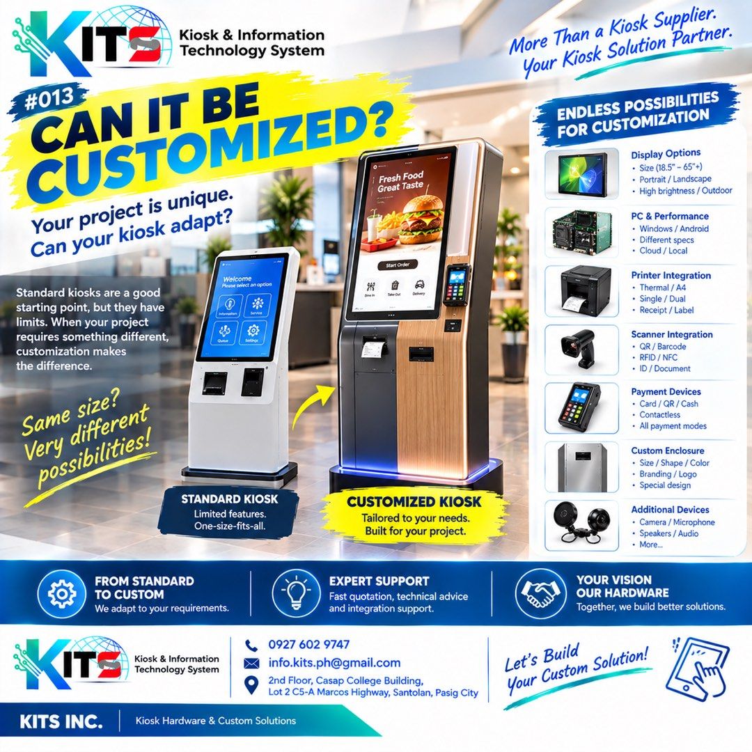 KITS Self-Order Kiosk POS System Touchscreen (Category: Office & Business Technology) located in Manila. Submitted by kitsincph (Listing ID 1466795525, Image 2). Description: - Complete self-order kiosk system by KITS for cafes and retail businesses - Dual high-resolution touchscreens for a seamless ordering experience - Built-in card reader and NFC processing for fast payments - Includes integrated thermal receipt printer - Real-time sales and i
