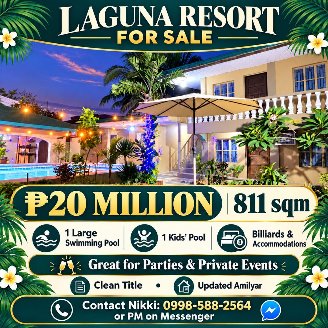 LAGUNA RESORT FOR SALE (Category: House & Lot) located in Taguig. Submitted by nrlaynes (Listing ID 1466917902, Image 1). Description: 🌴 LAGUNA RESORT FOR SALE 💰 ₱20 MILLION | 811 sqm Great for parties, family gatherings, and private events! ✅ 1 large swimming pool ✅ 1 small pool for kids ✅ Billiards and accommodations ✅ Clean title ✅ Updated real property tax / amilyar 📞 Contact Nikki: 0998-588-2564 💬 Or PM on Messenger for details and viewi