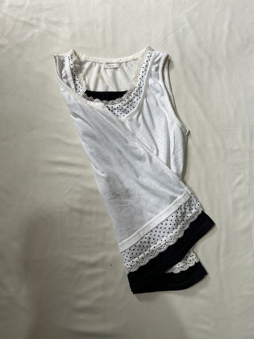 layered white&black dot pattern lace trim button tank top (Category: Sleeveless) located in Pagadian. Submitted by yowna_declutters (Listing ID 1466831536, Image 3). Description: y2k mori girl style —loc: pagadian city, mindanao payment first.