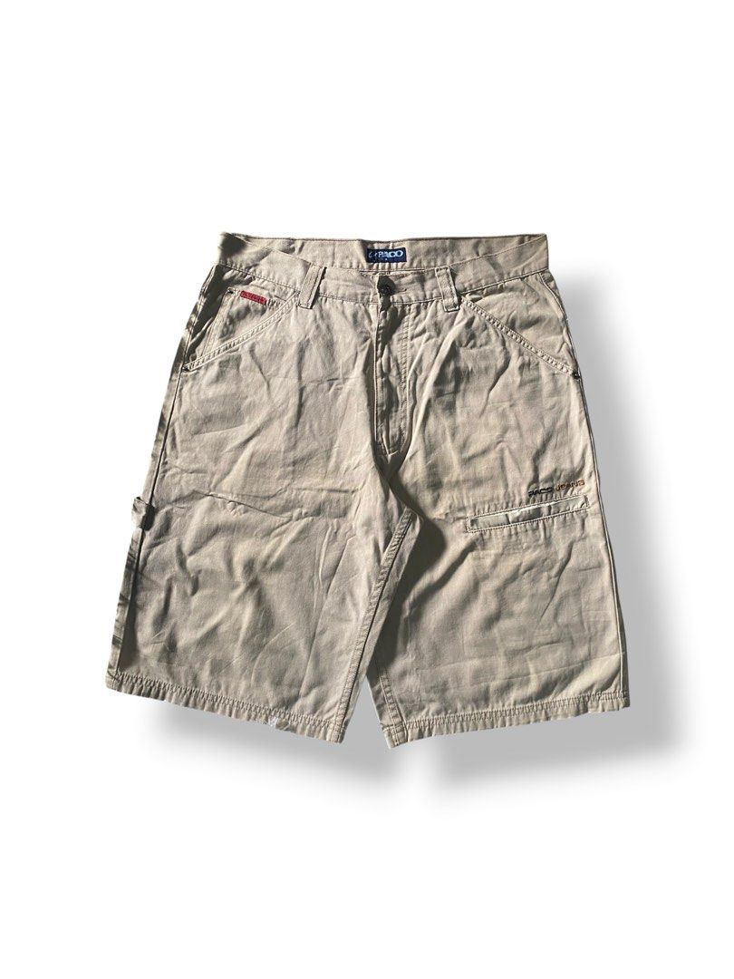 Le Paco Cargo Shorts Beige (Category: Shorts) located in Mendez-Nunez. Submitted by leighthrift (Listing ID 1466891762, Image 2). Description: CARPENTER JORTS ( LE PACO JEANS ) DIMES: WAIST: 36 LENGTH: 25 WIDTH: 15 HEM: 12 NO ISSUE, NEED WASH ONLY - Brand/Model: Le Paco utility shorts - Color: Tan - Material: Heavy-duty cotton canvas - Features: Multi-pocket setup with side utility loop, embroidered Paco logo, and branded back patch - Fit: Relaxe
