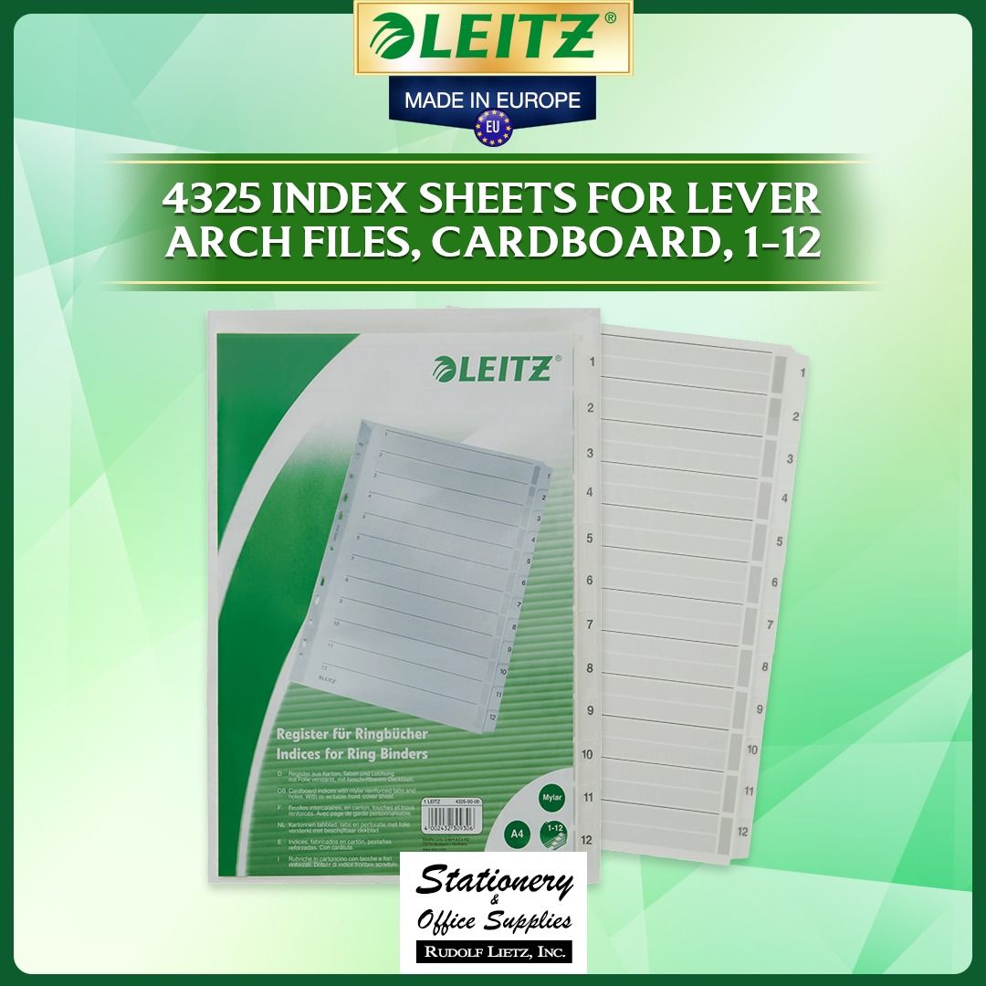 Leitz 4325 Index Sheets Cardboard 1-12 A4 (Category: Stationery & School Supplies) located in Paranaque City. Submitted by rudolflietzinc (Listing ID 1466777351, Image 1). Description: - Brand: Leitz (Made in Europe) - Model: 4325 Index Sheets - Size: A4 with numbers 1 to 12 - Material: Heavy-duty 160 g/m² cardboard - Durability: Mylar-reinforced tabs and perforation holes - Features: Double-sided printed tabs and writable cover page with organiz