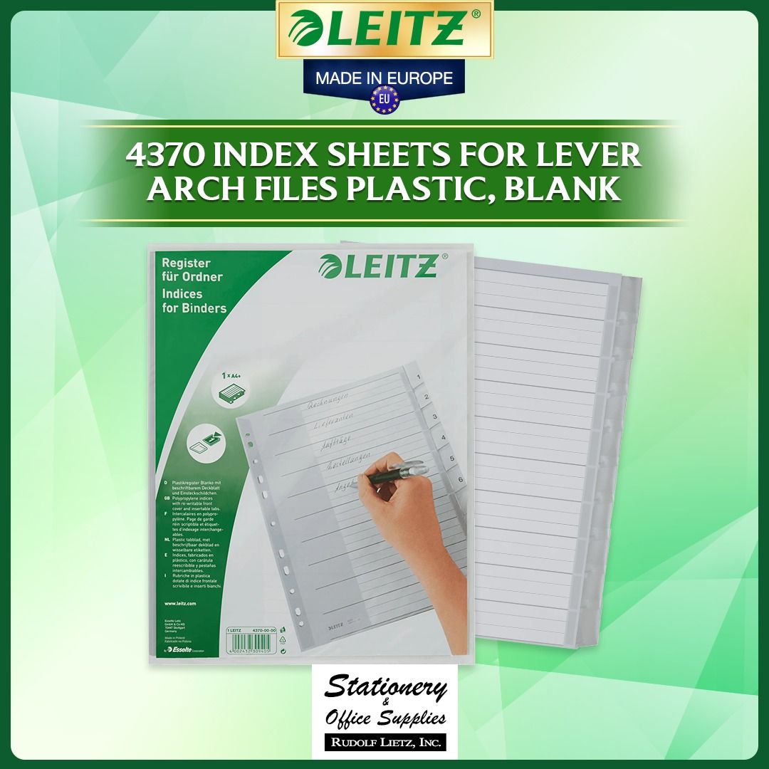 Leitz 4370 Index Sheets for Lever Arch Files Plastic Blank (Category: Stationery & School Supplies) located in Paranaque City. Submitted by rudolflietzinc (Listing ID 1466777746, Image 1). Description: - Brand: Leitz (Model 4370) - Material: Durable, tear-resistant polypropylene plastic made in Europe - Features: Blank index page with numbered tabs for easy organization - Compatibility: Universal perforation fits standard ring binders and lever a