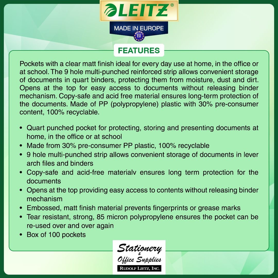 Leitz 4490 Copy-Safe Plastic Pockets Multi-Perforation 100s (Category: Stationery & School Supplies) located in Paranaque City. Submitted by rudolflietzinc (Listing ID 1466777903, Image 2). Description: - Authentic Leitz 4490 copy-safe plastic pockets, box of 100 - Made in Europe from 30% eco-friendly recycled polypropylene - Clear matt finish resists fingerprints and grease marks - 9-hole multi-punched reinforced strip fits most binders and leve