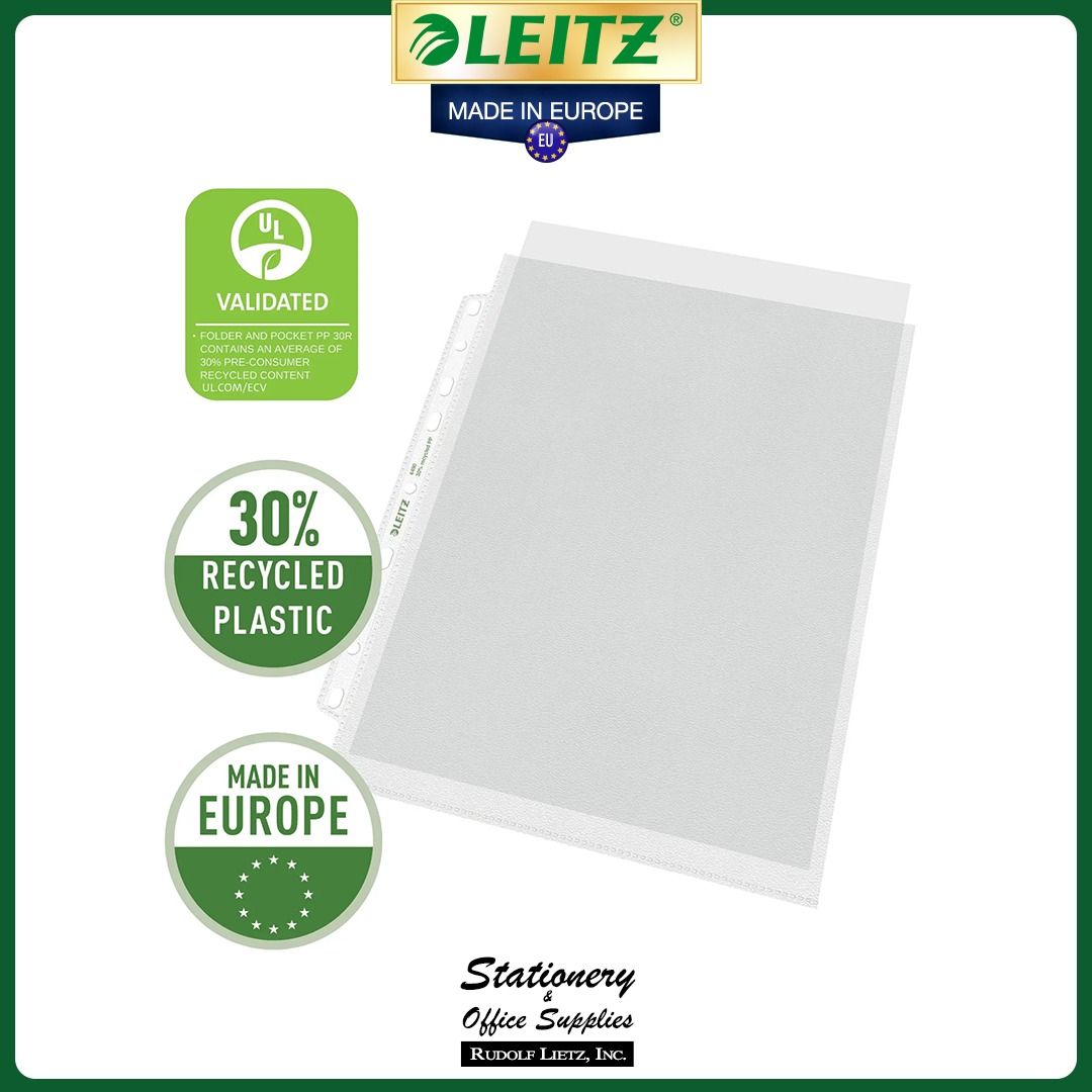 Leitz 4490 Copy-Safe Plastic Pockets Multi-Perforation 100s (Category: Stationery & School Supplies) located in Paranaque City. Submitted by rudolflietzinc (Listing ID 1466777903, Image 3). Description: - Authentic Leitz 4490 copy-safe plastic pockets, box of 100 - Made in Europe from 30% eco-friendly recycled polypropylene - Clear matt finish resists fingerprints and grease marks - 9-hole multi-punched reinforced strip fits most binders and leve