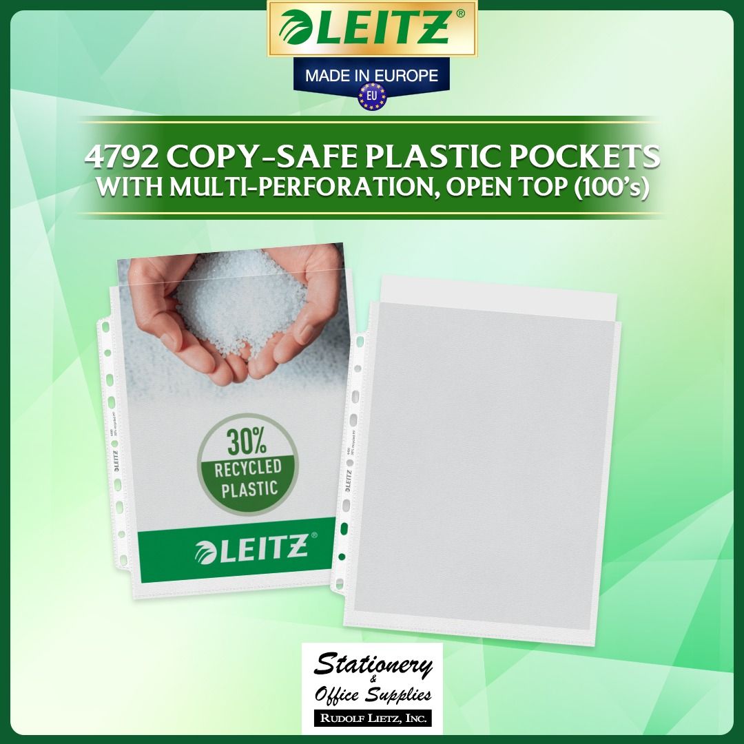 Leitz 4792 Copy-Safe Plastic Pockets 100s (Category: Stationery & School Supplies) located in Paranaque City. Submitted by rudolflietzinc (Listing ID 1466779947, Image 1). Description: - Brand: Leitz (Made in Europe) - Quantity: Pack of 100 pieces - Material: 85-micron durable PP plastic with 30% recycled content - Design: Open top with a multi-perforation 9-hole strip - Protection: Matte embossed finish prevents fingerprints, moisture, dust, and