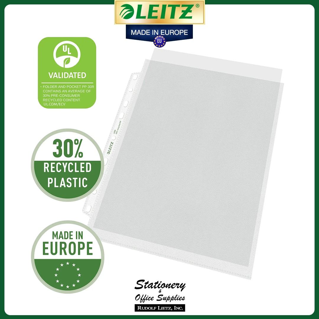 Leitz 4792 Copy-Safe Plastic Pockets 100s (Category: Stationery & School Supplies) located in Paranaque City. Submitted by rudolflietzinc (Listing ID 1466779947, Image 3). Description: - Brand: Leitz (Made in Europe) - Quantity: Pack of 100 pieces - Material: 85-micron durable PP plastic with 30% recycled content - Design: Open top with a multi-perforation 9-hole strip - Protection: Matte embossed finish prevents fingerprints, moisture, dust, and
