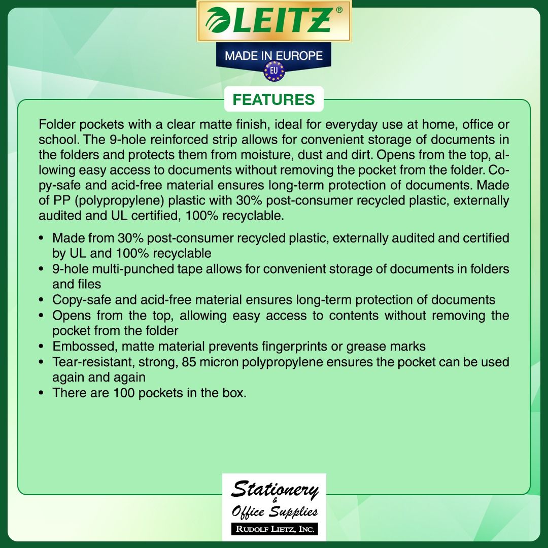 Leitz 4792 Copy-Safe Plastic Pockets 100s (Category: Stationery & School Supplies) located in Paranaque City. Submitted by rudolflietzinc (Listing ID 1466779947, Image 2). Description: - Brand: Leitz (Made in Europe) - Quantity: Pack of 100 pieces - Material: 85-micron durable PP plastic with 30% recycled content - Design: Open top with a multi-perforation 9-hole strip - Protection: Matte embossed finish prevents fingerprints, moisture, dust, and