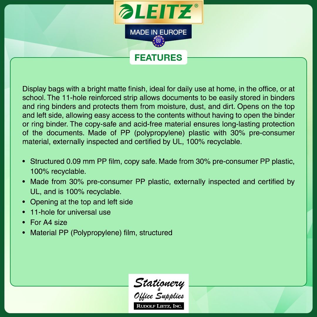 Leitz 4797 Copy-Safe A4 Plastic Pockets 100pcs (Category: Stationery & School Supplies) located in Paranaque City. Submitted by rudolflietzinc (Listing ID 1466780097, Image 2). Description: - Brand: Leitz - Size: A4, Pack of 100 pieces - Material: 0.09 mm structured polypropylene (30% recycled, 100% recyclable) - Design: Multi-perforated 11-hole strip fits standard binders - Access: Open at the top and left side for quick document retrieval witho