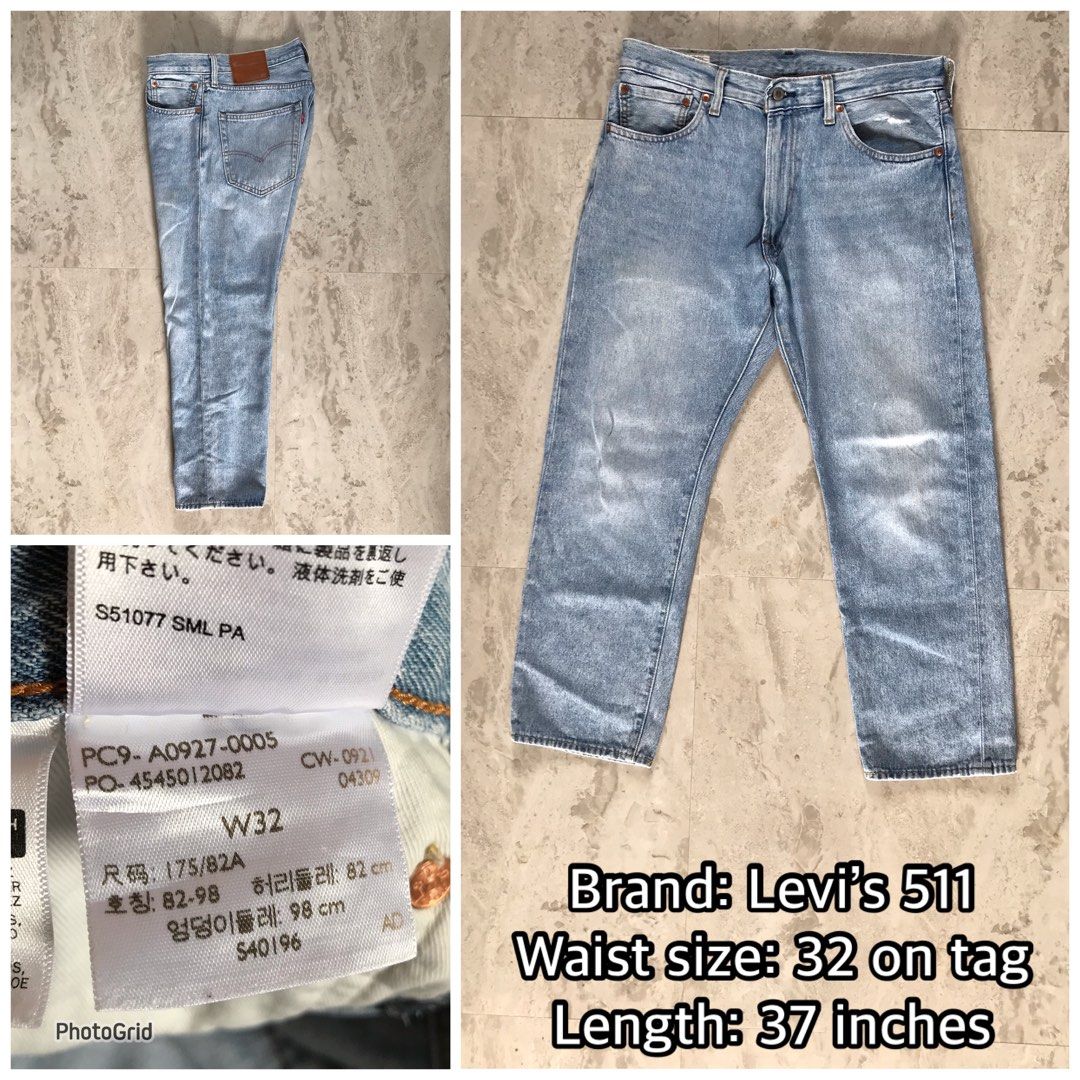 Levi's 511 Light Wash Denim Jeans W32 (Category: Jeans) located in Banga. Submitted by jorguarino (Listing ID 1466800906, Image 1). Description: - Brand: Levi's - Model: 511 Slim Fit - Color/Wash: Light wash denim with slight thigh fading - Size: W32 / 175/82A - Design: Classic five-pocket style, button fly, belt loops - Details: Signature tan leather back waistband patch - Condition: Clean, excellent pre-loved condition.