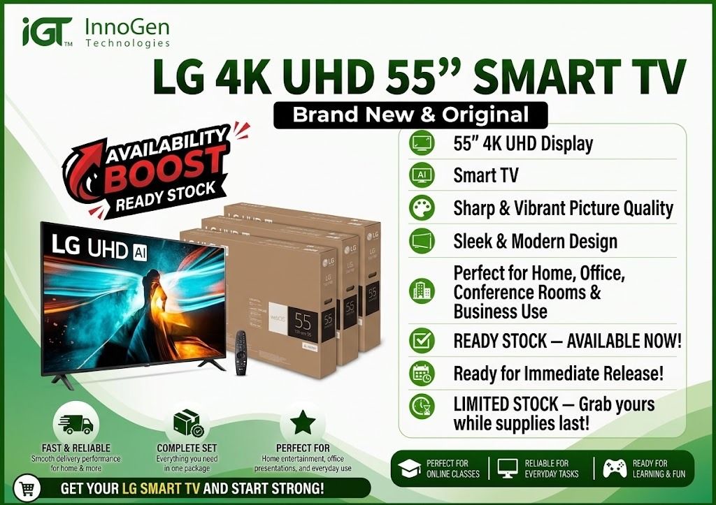 LG 4K UHD 55” SMART TV (Category: TV) located in Caloocan City. Submitted by michellejurilla.01 (Listing ID 1466873737, Image 1). Description: Upgrade your view with the LG 4K UHD 55” Smart TV! Brand new, original, and ready for immediate release. Perfect for home entertainment, office setups, and conference rooms. Key Specs & Features: Display: 55” 4K UHD Resolution for ultra-sharp visuals Smart Features: WebOS with fast app access Picture Quali