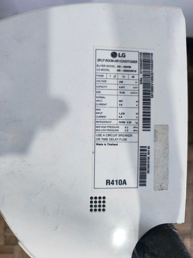 LG Inverter V 1HP split type aircon (Category: Air Conditioning and Heating) located in Antipolo. Submitted by bestdealsph999 (Listing ID 1466879366, Image 3). Description: Call or text at 0/9/4/2/5/4/5/7/8/6/8 For sale only - No Swap Specs: Model: LG HS-09IPM Cooling Capacity: 9,917 Kj/h Energy Efficiency Ratio (EER): 15.8 Kj/h.W Power Input: 627 Watts Issue - Naistock po ito ng 1 year hindi nagamit because vacant ang room. When we tested it gum