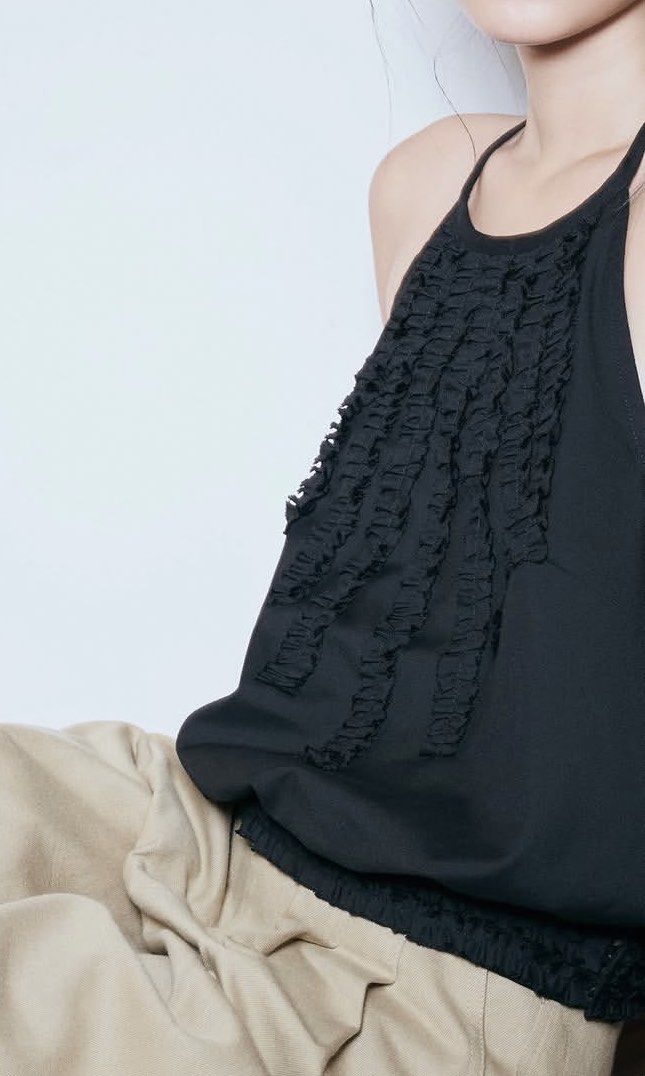 LIBÉ black ruffled halter neck backless top (Category: Sleeveless) located in Santa Rosa. Submitted by lovedby.gwy (Listing ID 1466842861, Image 2). Description: - brand: Libé (vietnamese brand) - fit: relaxed, slightly ballooned silhouette with an elasticized hem - naterial: lightweight and breathable for warm weather - worn once - large on tag but can only fit up to medium - rfs: too loose on me now cos i lost weight .