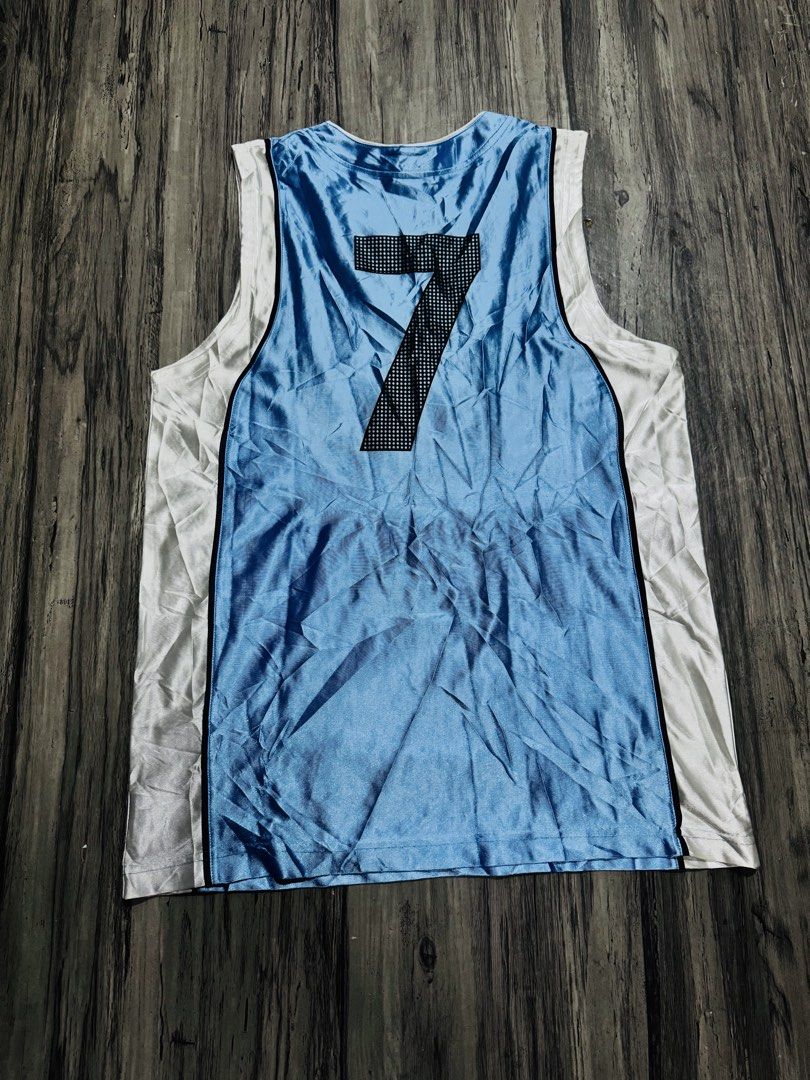 Light Blue White Basketball Jersey Number 7 (Category: Activewear) located in Quezon City. Submitted by lucky_wisefish.2ca7d6 (Listing ID 1466965610, Image 2). Description: - Light blue and white sleeveless basketball jersey - Features black number 7 printed on the back - Stylish star logo graphic near the bottom front hem - Made from smooth, shiny fabric with contrast side panels - Great addition to any sports apparel collection.