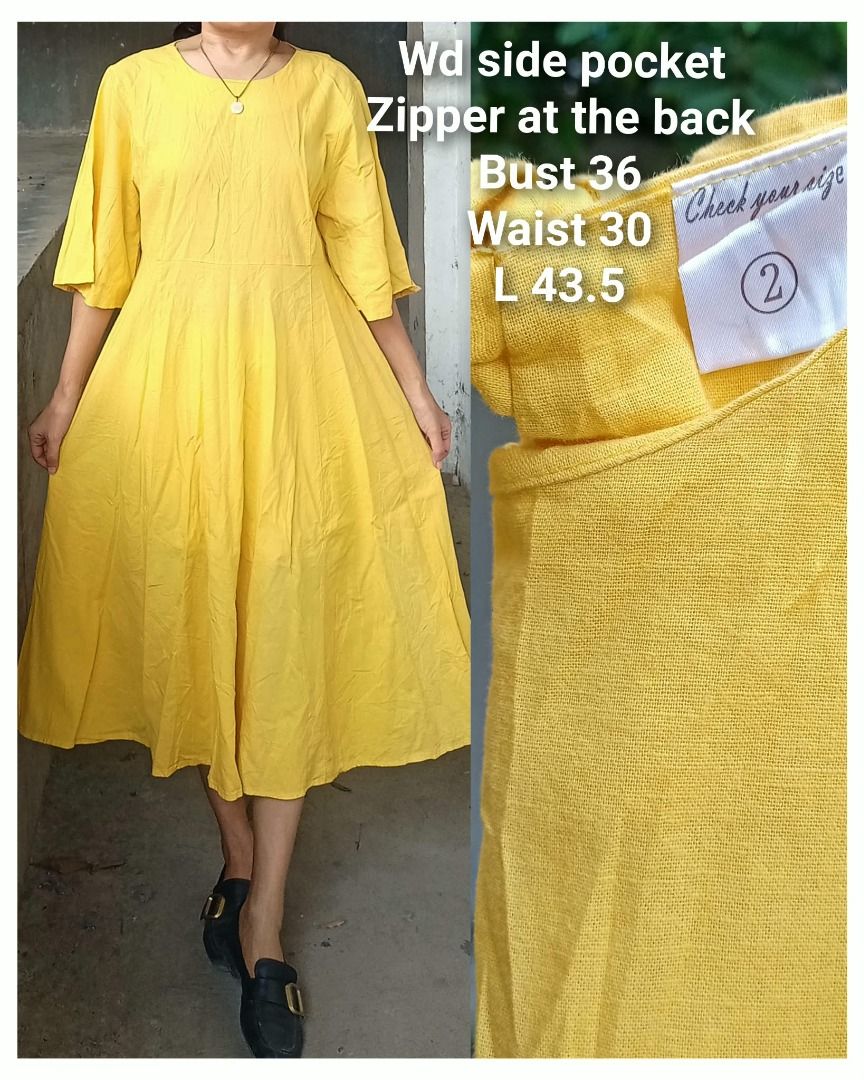 Linen mustard midi dress (Category: Dresses) located in Davao. Submitted by irisrazona16792 (Listing ID 1466966687, Image 1). Description: Wd side pocket Zipper at the back Bust 36 Waist 30 L 43.5 mall quality.