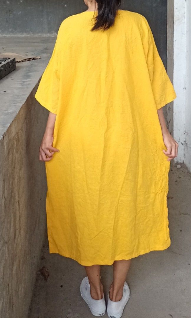Linen mustard summer dress (Category: Dresses) located in Davao. Submitted by kannikasok1987 (Listing ID 1466970039, Image 3). Description: Bust 50 Waist 48 L 44.5 Mall quality.