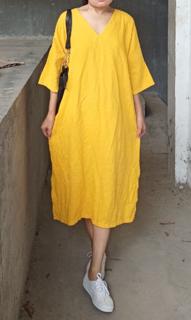 Linen mustard summer dress (Category: Dresses) located in Davao. Submitted by kannikasok1987 (Listing ID 1466970039, Image 2). Description: Bust 50 Waist 48 L 44.5 Mall quality.
