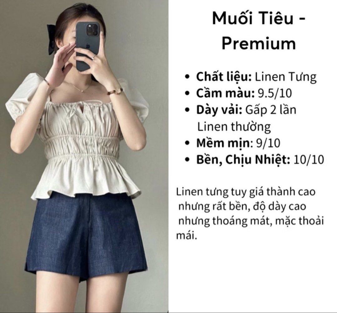 Linen Puff Sleeve Peplum Top (Category: Blouses) located in Pasig City. Submitted by deedee235 (Listing ID 1466826503, Image 1). Description: - Style: Premium Muối Tiêu top with square neckline and puff sleeves - Material: High-quality linen tưng fabric (twice as thick as regular linen, soft, and breathable) - Fit & Details: Smocked waist body for a flattering fit and front tie ribbon accent - Durability: Highly durable and long-lasting fabric - 