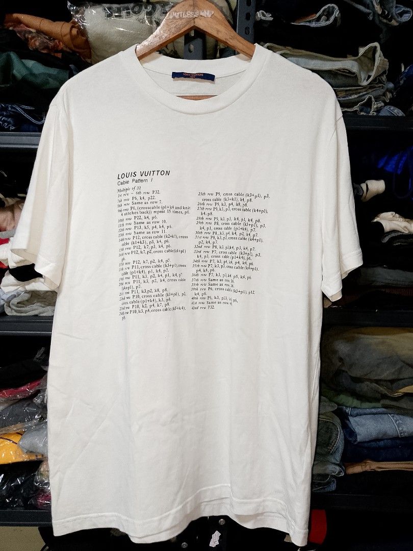 Louis Vuitton Cable Pattern T-shirt White Size L (Category: Tshirts & Polo Shirts ) located in Manila. Submitted by mjthrifted_second (Listing ID 1466840641, Image 1). Description: Louis Vuitton white t-shirt, cable pattern text printed on the front. Hands knitting graphic printed on the back with an orange leather brand tag near the collar. Made in Italy, size L. Clean fabric, collar tags intact. Size Large Dimes 22/29.