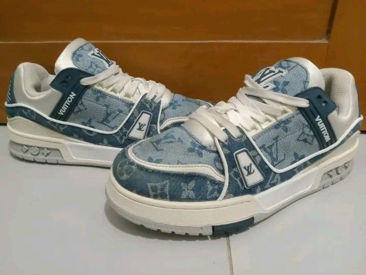 Louis Vuitton LV trainer blue monogram denim sneakers (Category: Sneakers) located in Koronadal. Submitted by joeannmahi28609 (Listing ID 1466774221, Image 1). Description: Louis Vuitton LV trainer blue monogram denim sneakers made in Italy size eur 43 for men only coded in excellent condition ukay source wow Ganda nito bongga n shoes sino bet nito mine nyo na.