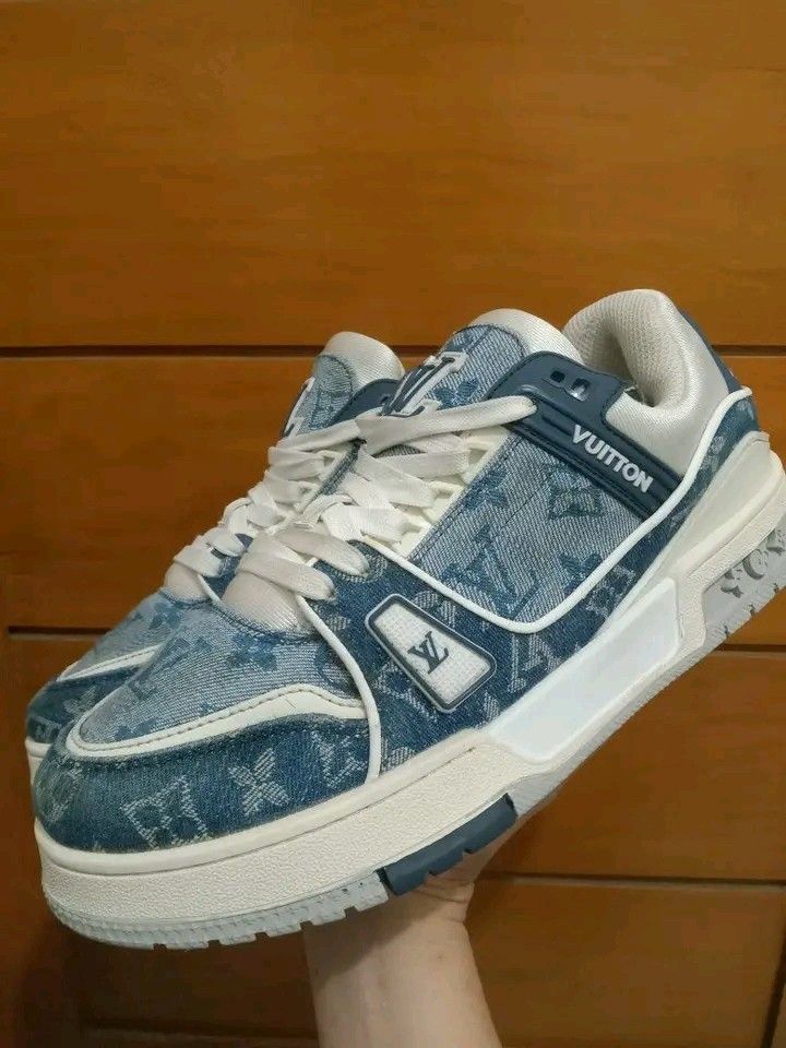 Louis Vuitton LV trainer blue monogram denim sneakers (Category: Sneakers) located in Koronadal. Submitted by joeannmahi28609 (Listing ID 1466774221, Image 3). Description: Louis Vuitton LV trainer blue monogram denim sneakers made in Italy size eur 43 for men only coded in excellent condition ukay source wow Ganda nito bongga n shoes sino bet nito mine nyo na.