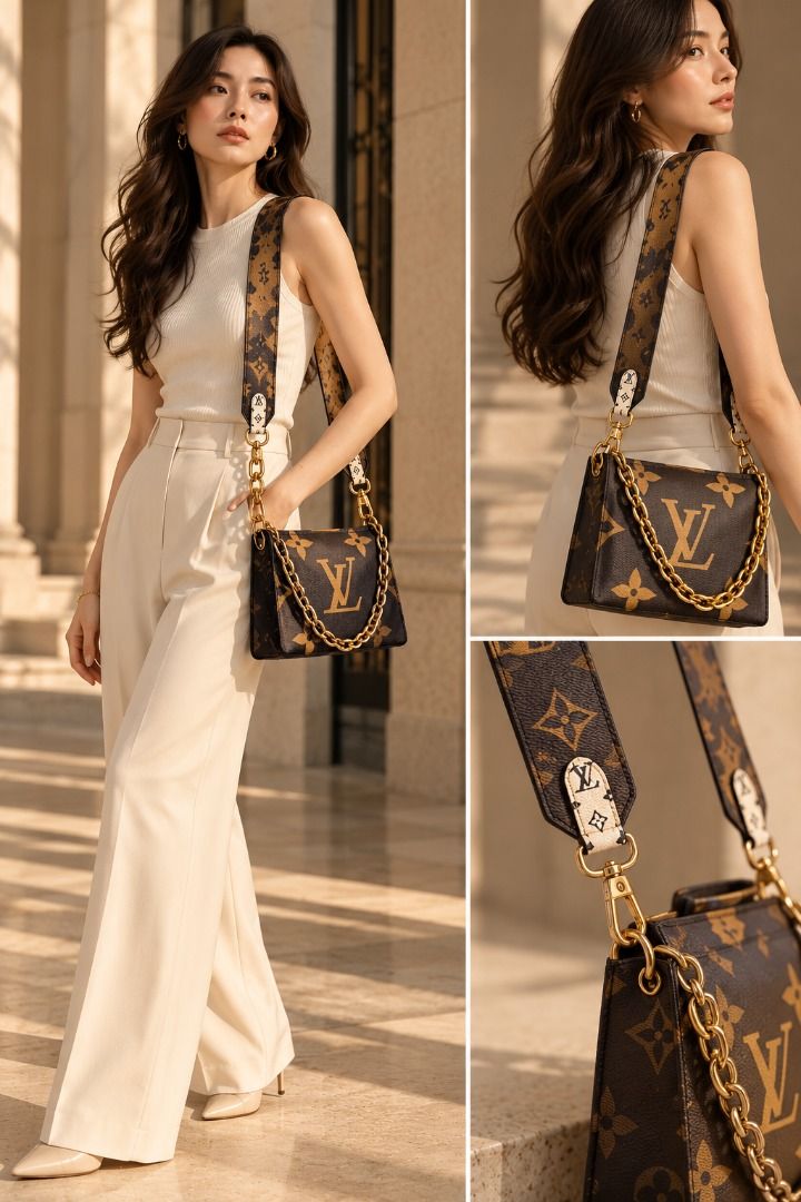 LV Small Shoulder Bag (Category: Everything Else Others) located in Basud. Submitted by ClaireLavin (Listing ID 1466797023, Image 2). Description: A stylish brown shoulder bag featuring an all-over monogram and floral-inspired pattern, gold-tone chain detailing, and a wide adjustable-style shoulder strap with matching printed accents. Its structured silhouette and spacious main compartment make it a practical accessory for everyday use, casual ou
