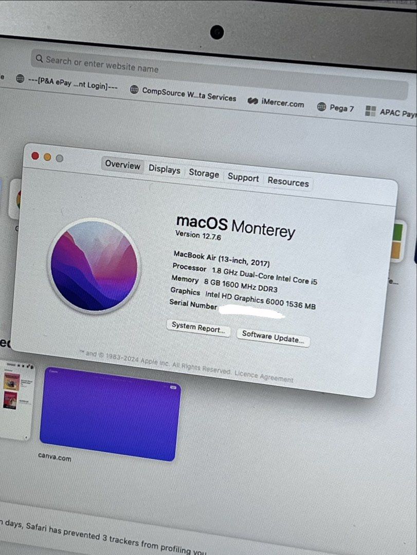 MacBook Air 2017 (Category: Laptops & Notebooks) located in Imus. Submitted by justinelouis (Listing ID 1466722459, Image 3). Description: MacBook Air (13-inch, 2017) Processor: 1.8 GHz Dual-Core Intel Core i5 Memory: 8 GB 1600 MHz DDR3 Graphics: Intel HD Graphics 6000 1536 MB Good condition, still working well Has minor scratches RFS: no longer using/need funds for dental materials Location: Imus, Cavite.