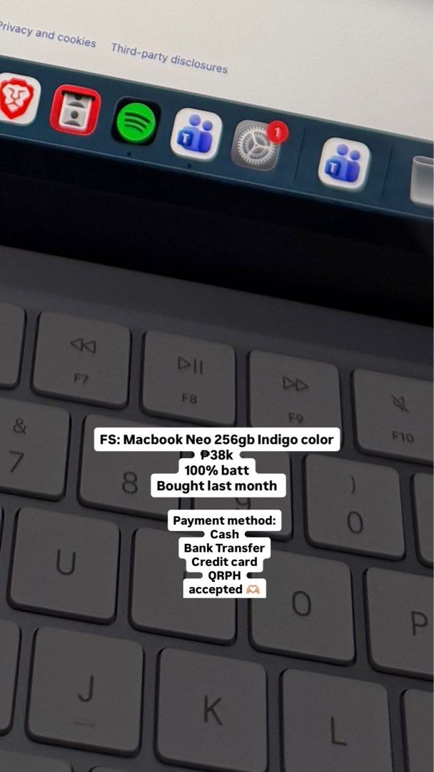MacBook Neo (Category: Laptops & Notebooks) located in Manila. Submitted by calvincurates (Listing ID 1466854462, Image 1). Description: - Model/Color: Indigo MacBook - Storage: 256GB - Battery Health: 100% - Condition: Like new, purchased only last month - Accepted Payments: Cash, Bank Transfer, Credit Card, and QRPH - DM for inquiries or fast transaction! ₱38,000 LAST PRICE ‼️ not negotiable.